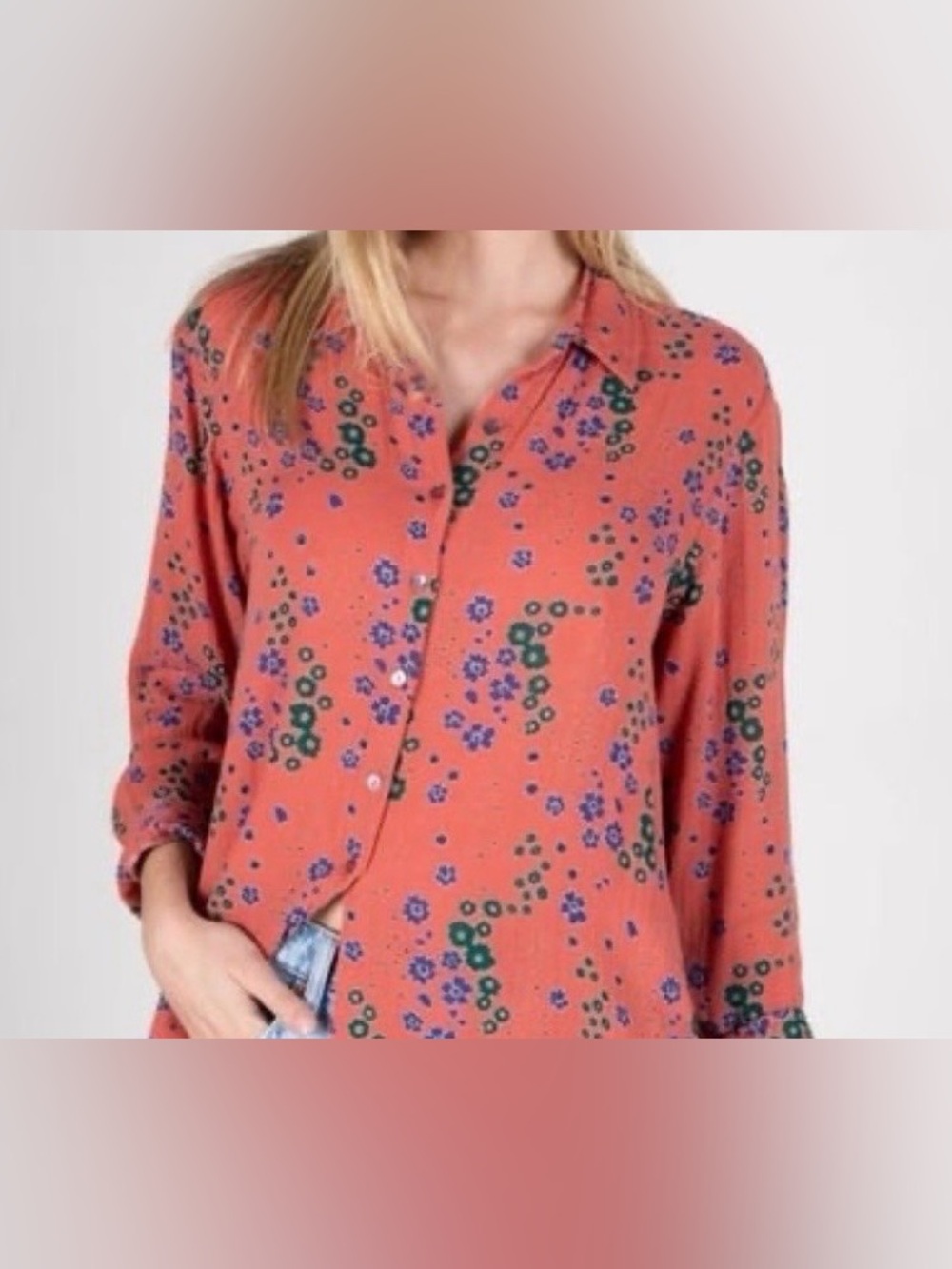 NATURAL LIFE Dark Coral Floral Button-Down Blouse - Size M